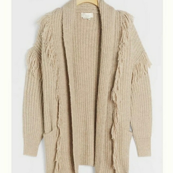 Anthropologie Amanza Fringe Ribbed Knit Open Cardigan Sweater Tan SZ M/L - Picture 1 of 7
